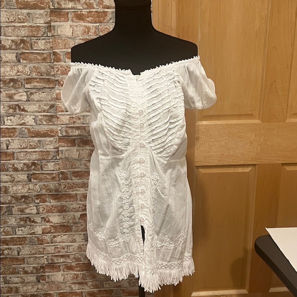 Giocam Women’s White Boho Fringe Hem 100% Cotton Romantic Coastal Cowgirl Top XL